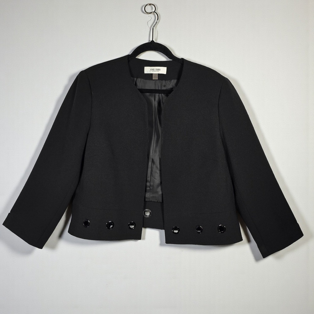 JONES STUDIO SEPARATES Black Blazer Jacket Women Large Eyelet Detail Collarless‎